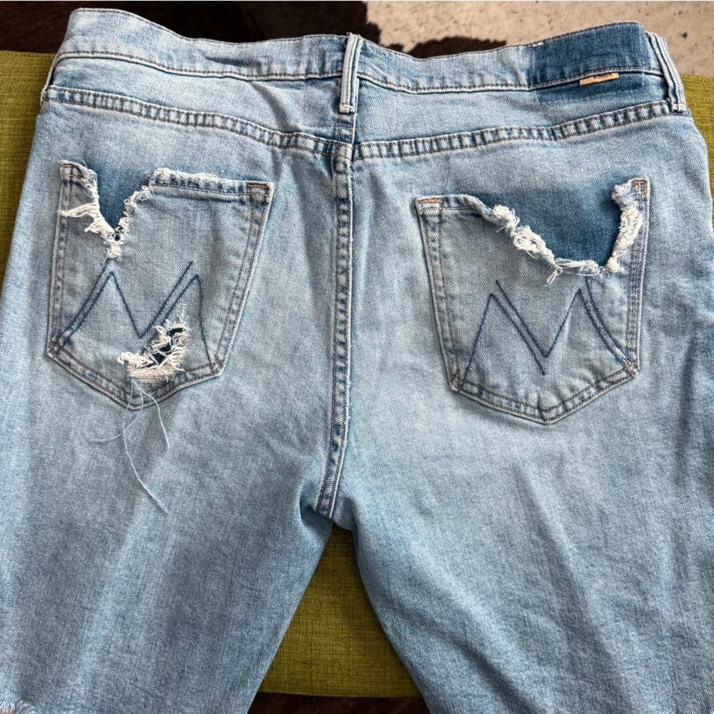 MOTHER Blue Denim Shorts with Frayed Hem